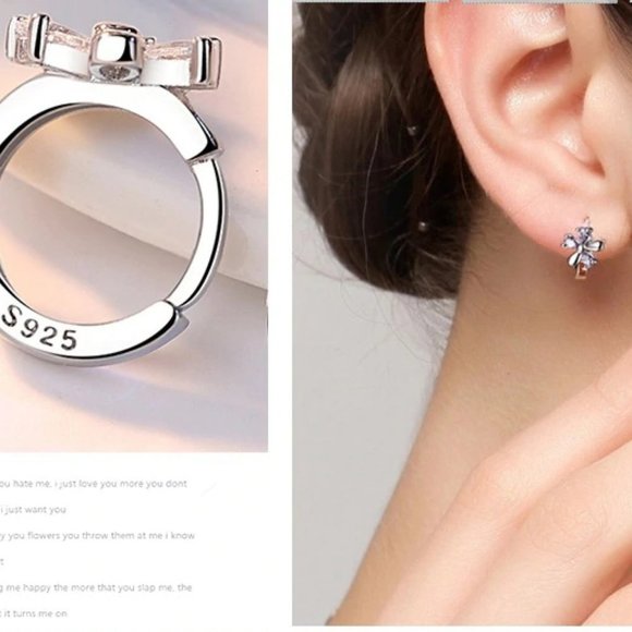 925 Sterling Silver Diamond Flower Hoop Earrings 8 - Picture 2 of 6